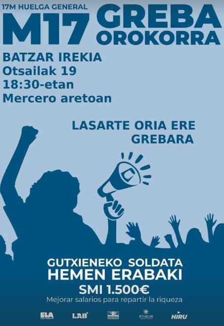 Martxoaren 17ko greba orokorra antolatzen hasteko bilduko dira gaur
