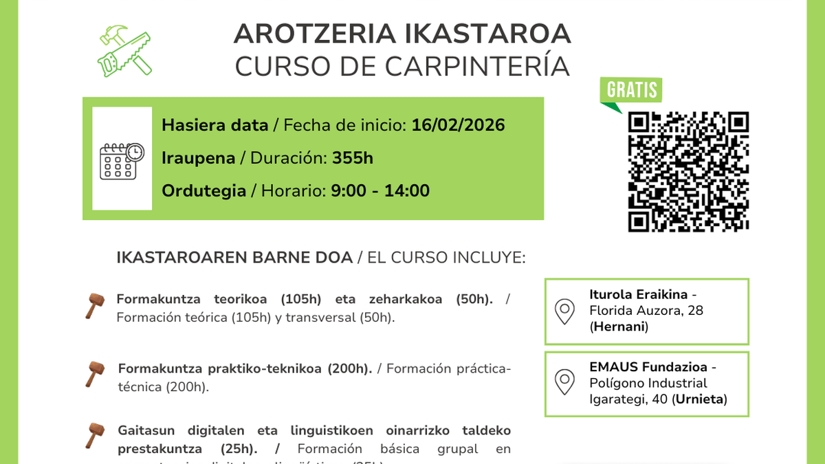 Bi doako formakuntza ibilbide berri aukeran: sukaldaritza eta arotzeria