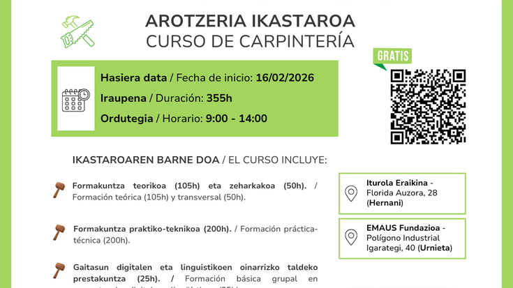 Bi doako formakuntza ibilbide berri aukeran: sukaldaritza eta arotzeria