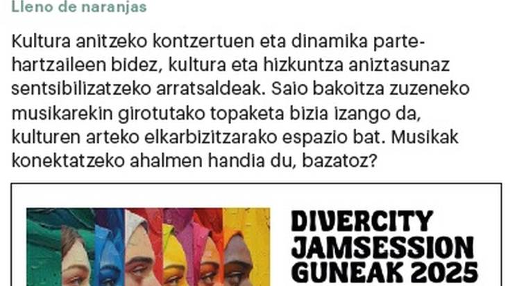 Musikaren bidez, kulturen arteko elkarbizitzarako espazio bilakatuko da Oriako frontoia, igandean