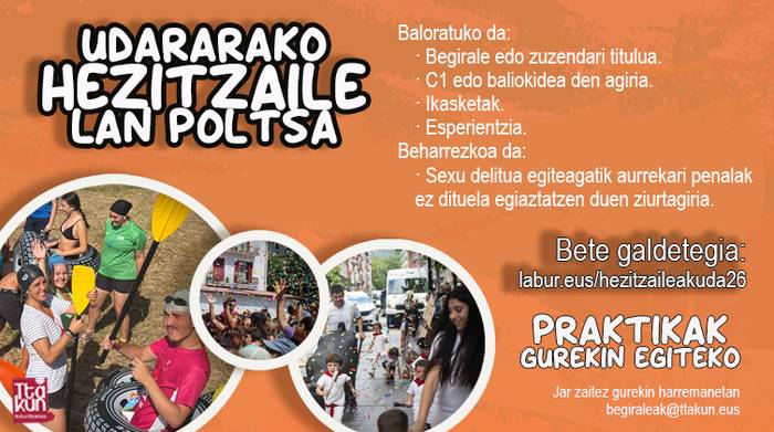 Ttakun Kultur Elkarteko Udako Txokoetan eta Udalekuetan hezitzaile aritzeko lan poltsa zabalik dago