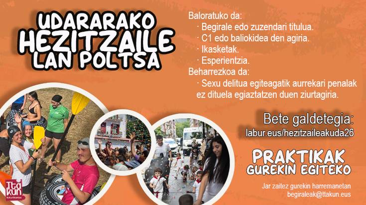 Ttakun Kultur Elkarteko Udako Txokoetan eta Udalekuetan hezitzaile aritzeko lan poltsa zabalik dago