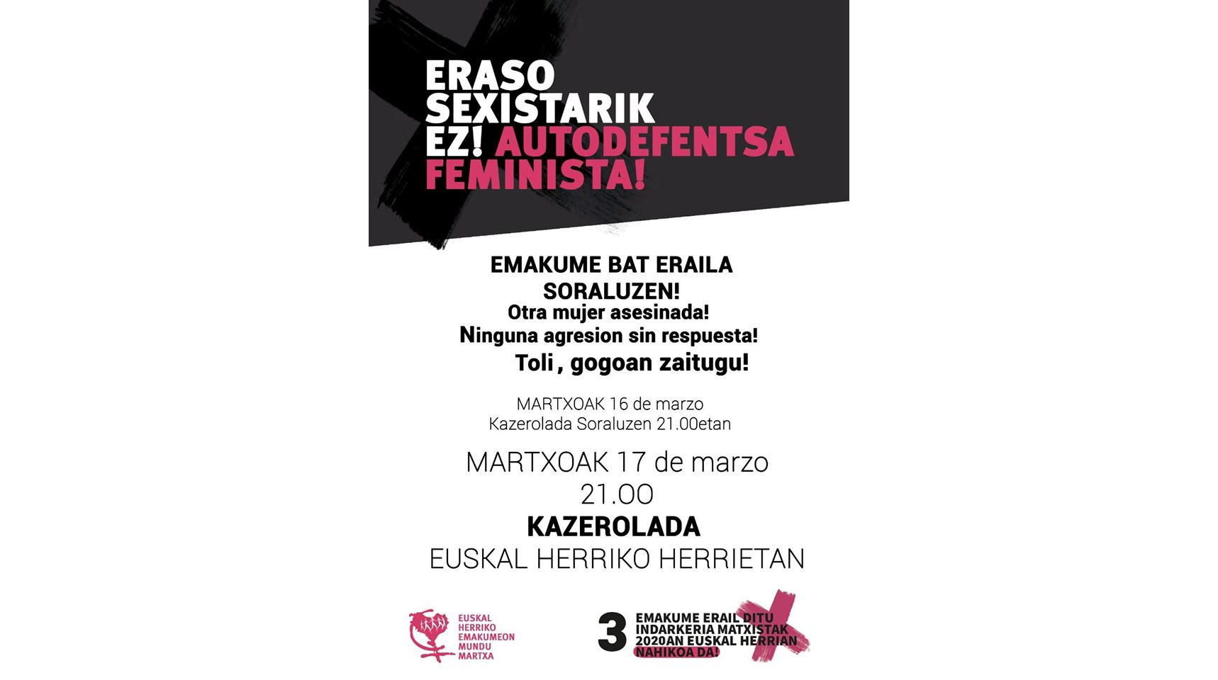 Soraluzen gertatutako hilketa matxista gaitzesteko kazerolada deitu dute gaurko